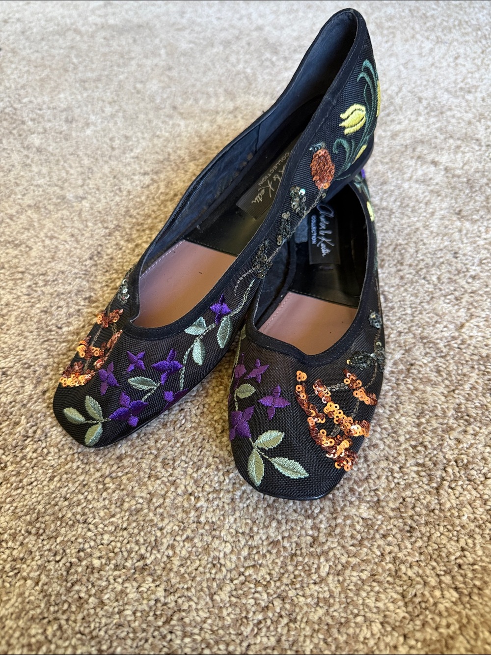 Charles & Keith Black Embroidered Floral Ballet Flats with Sequins